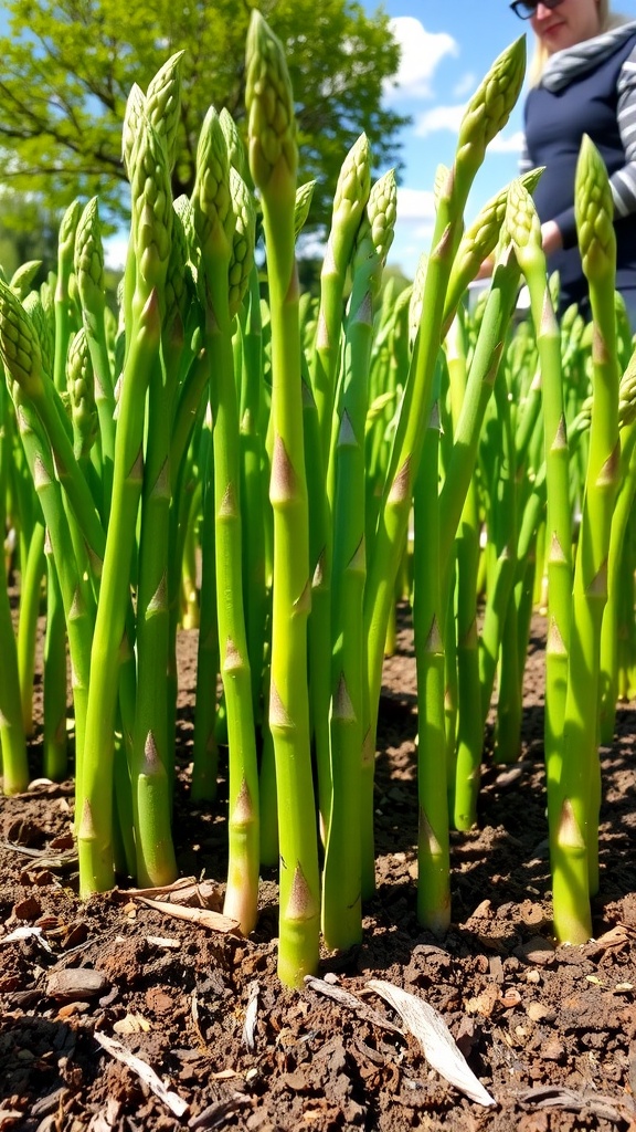 A lush asparagus garden with green spears growing in fertile soil under a sunny sky.